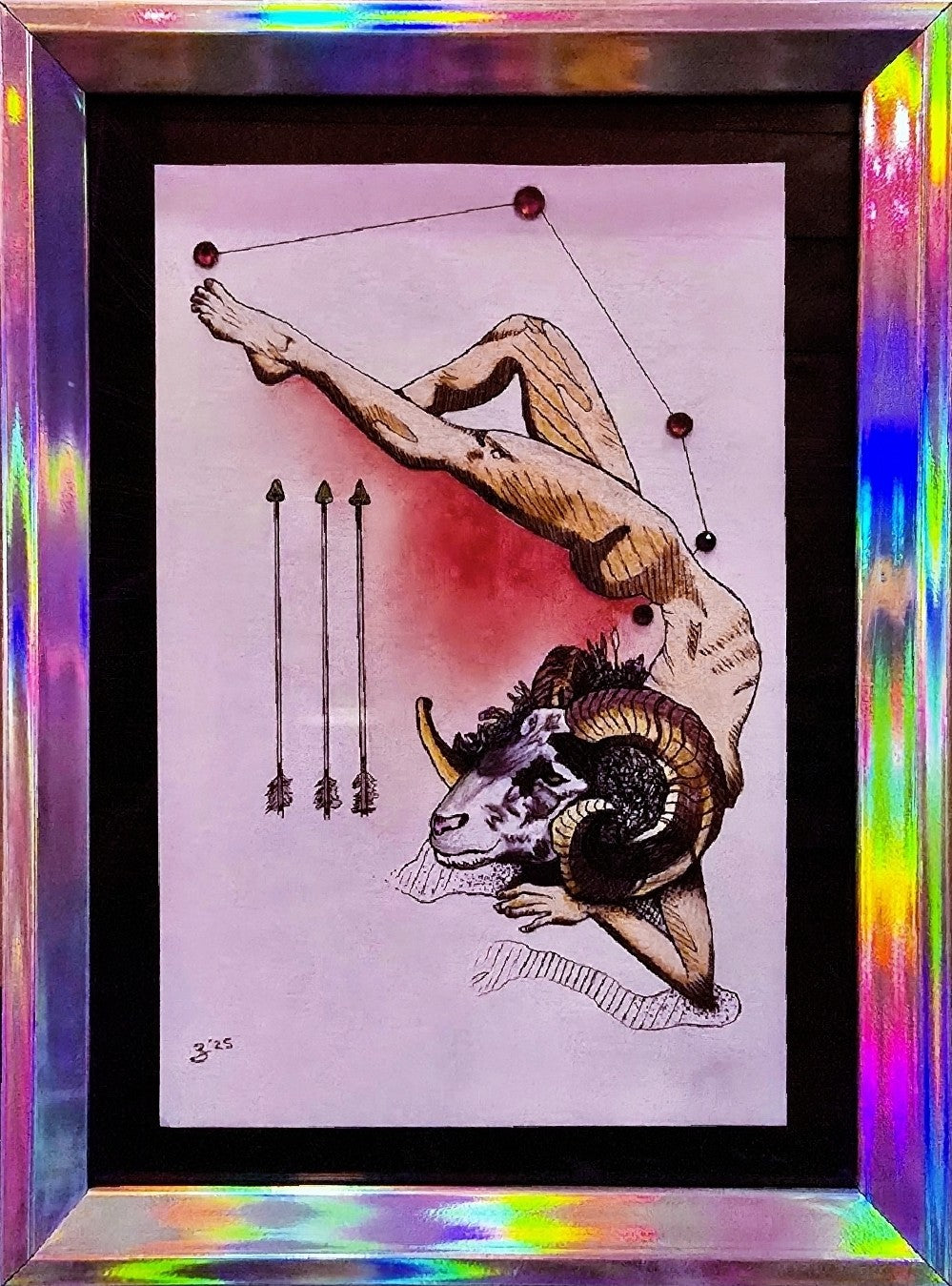 Original Aries zodiac art featuring ram symbolism and arrows. 4x6 framed mixed media with Swarovski crystals. Signed, one of a kind.