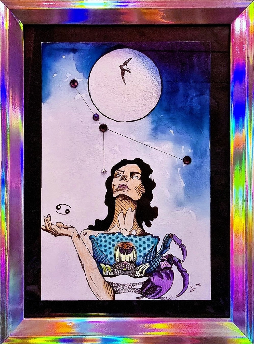 Original Cancer zodiac art with moon symbolism and Swarovski crystals. Framed 4x6 mixed media piece. Signed, one of a kind, never reproduced.
