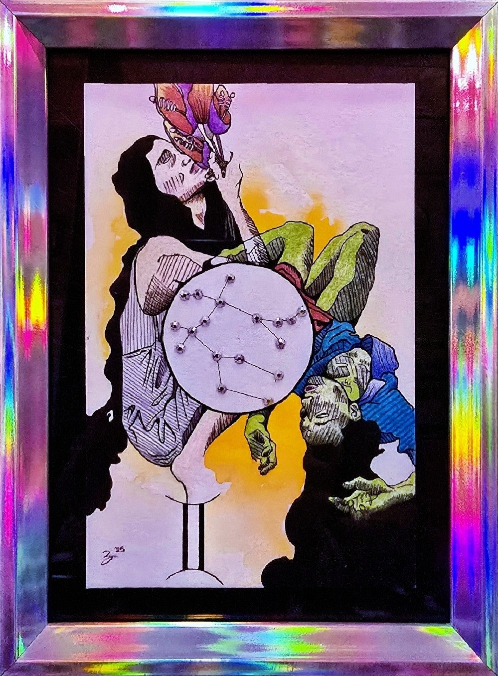 Original Gemini zodiac art with dual figure symbolism and Swarovski constellation. 4x6 framed mixed media. Signed, one of a kind.