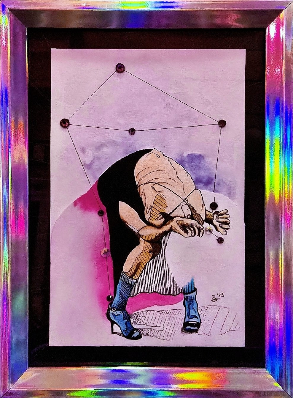 Original Libra zodiac artwork in pen, ink, and Swarovski crystal. Framed, one-of-a-kind 4x6 mixed media piece. Signed, dated, and never reproduced.