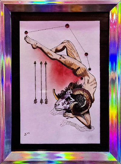 Original Aries zodiac art featuring ram symbolism and arrows. 4x6 framed mixed media with Swarovski crystals. Signed, one of a kind.