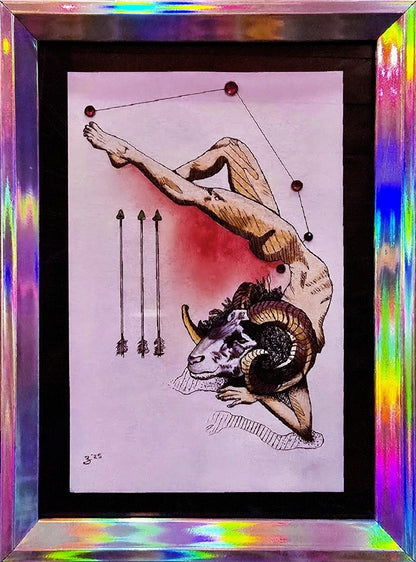 Original Aries zodiac art featuring ram symbolism and arrows. 4x6 framed mixed media with Swarovski crystals. Signed, one of a kind.