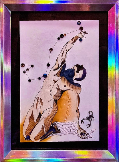 Original Scorpio zodiac art with scorpion symbolism and Swarovski stars. 4x6 framed mixed media. Signed and one of a kind.