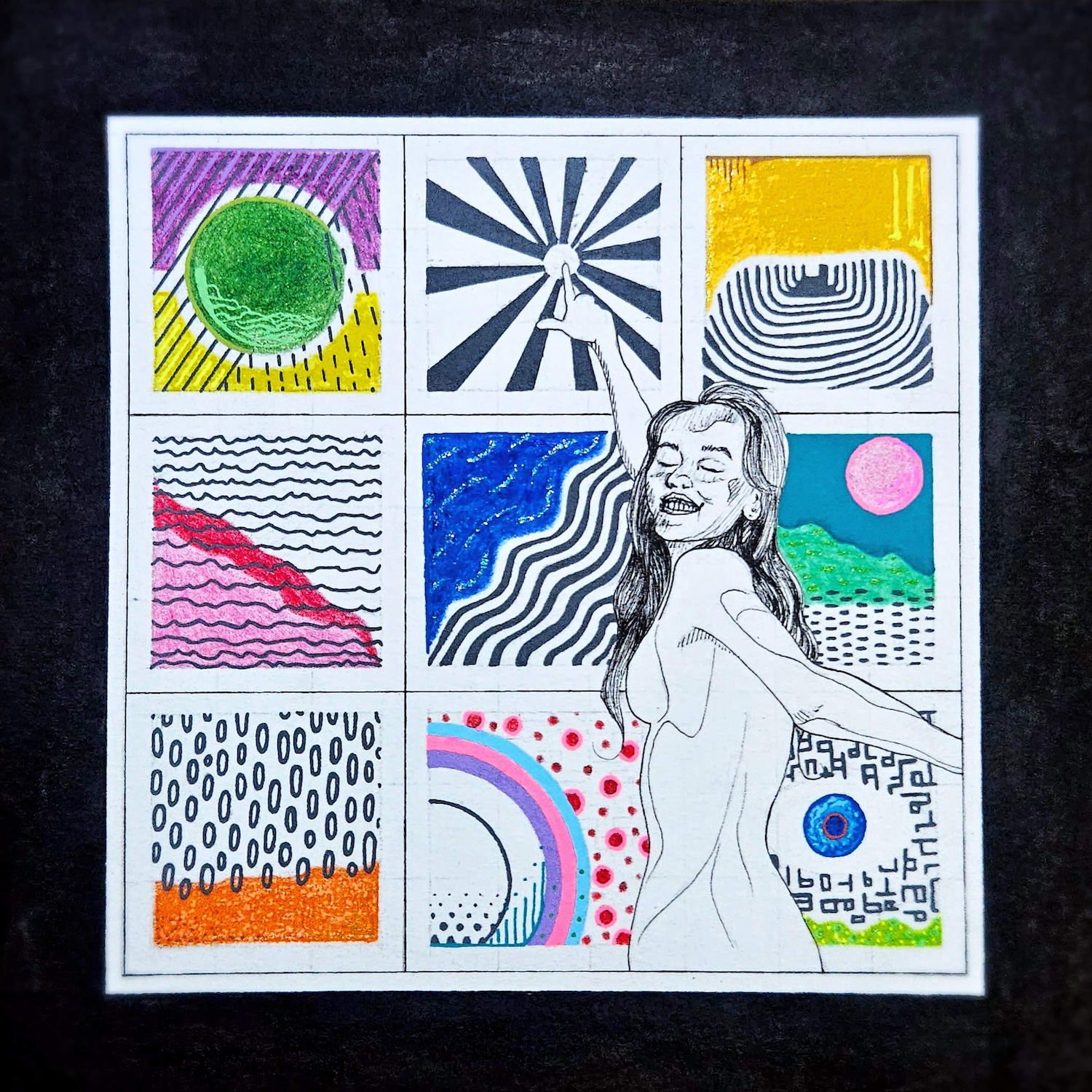 Multimedia art showing a nude woman standing in front of artwork pointing at the sun.